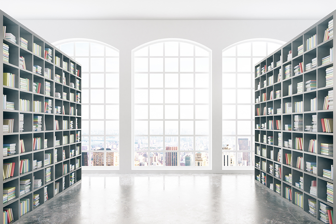 Library interior design with massive bookshelves, concrete floor and city view. 3D Rendering